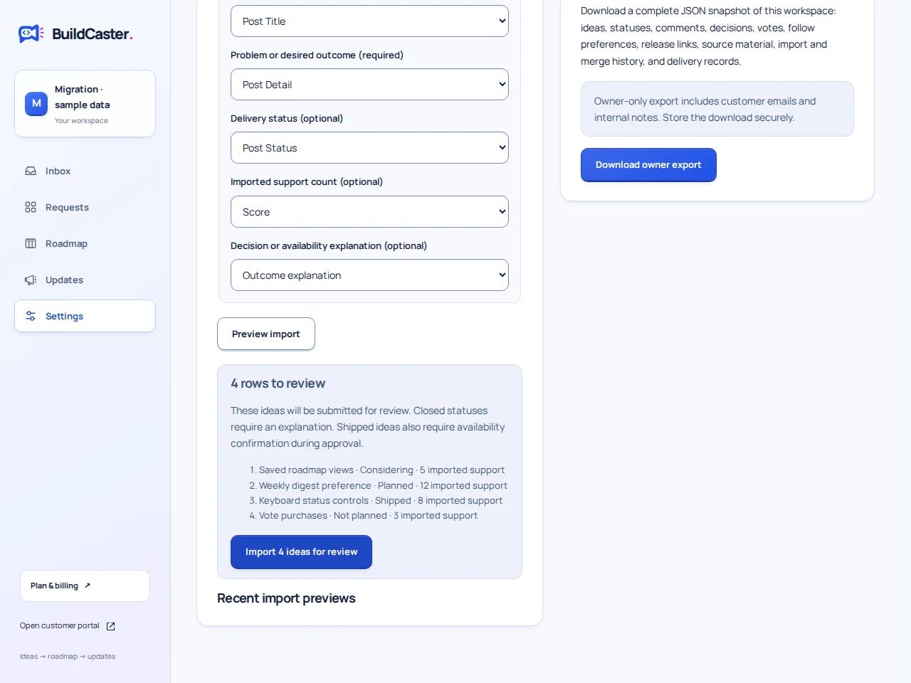 Actual BuildCaster CSV import preview showing four fictional requests with status and imported support before confirmation.