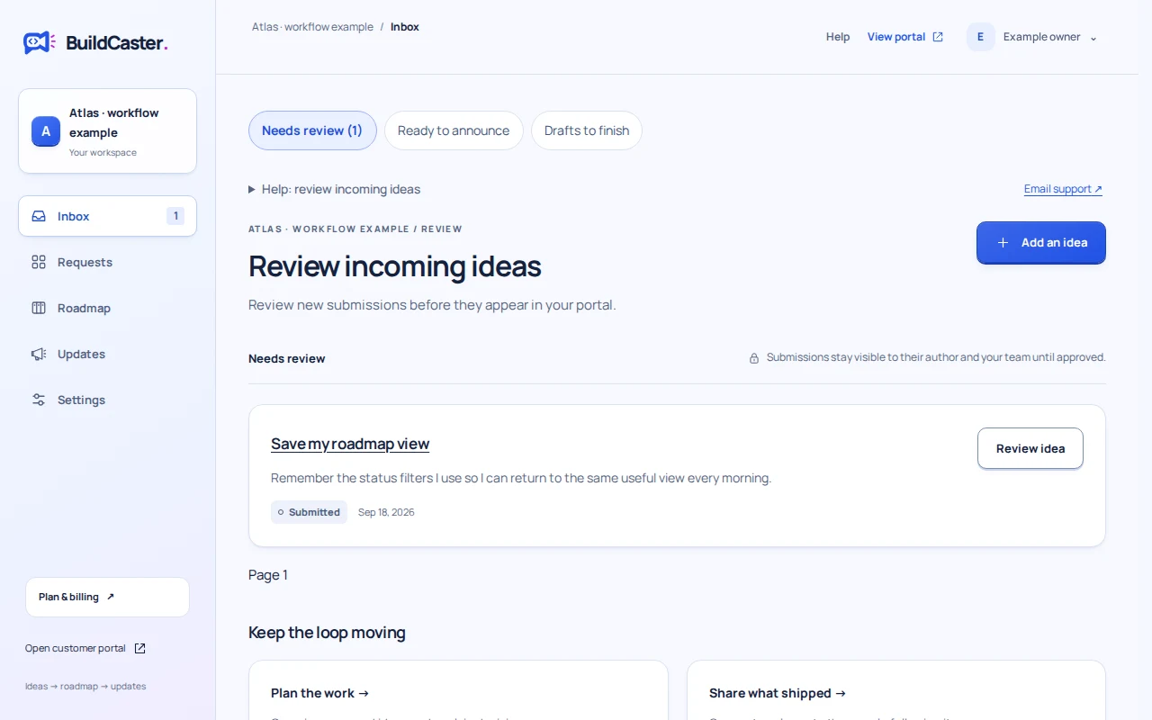 Team Inbox displaying a pending saved roadmap views request with a review action.