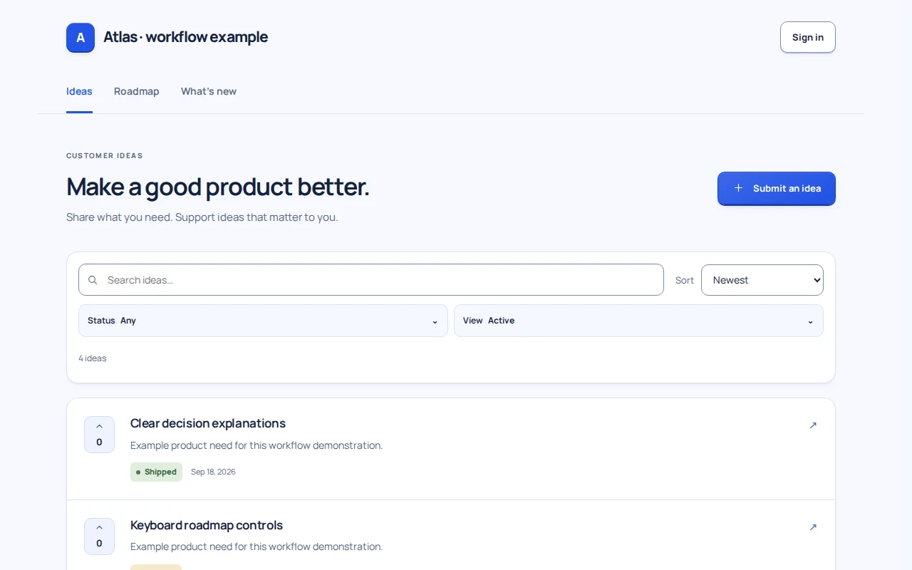 BuildCaster Ideas portal with searchable example requests, support counts and status labels.