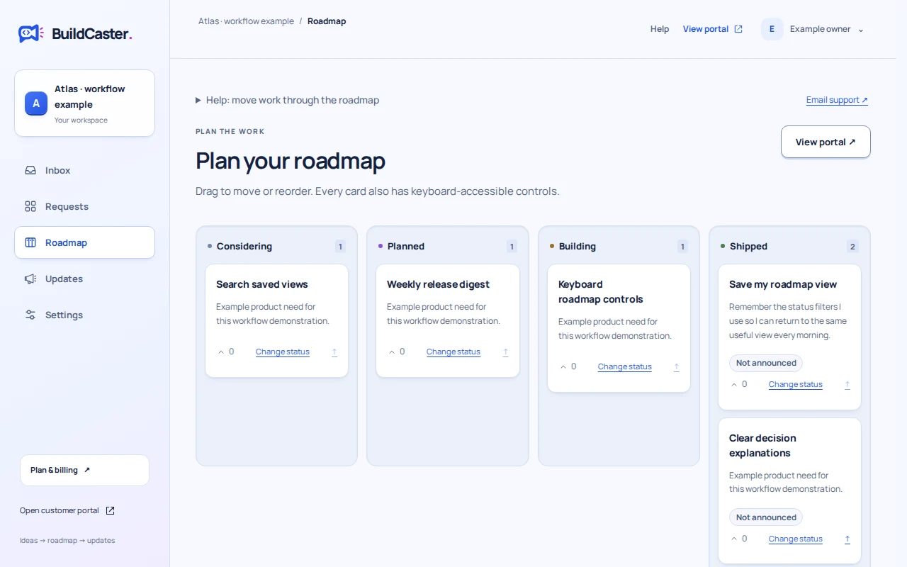 BuildCaster team roadmap showing Considering, Planned, Building and Shipped columns for the example workspace.