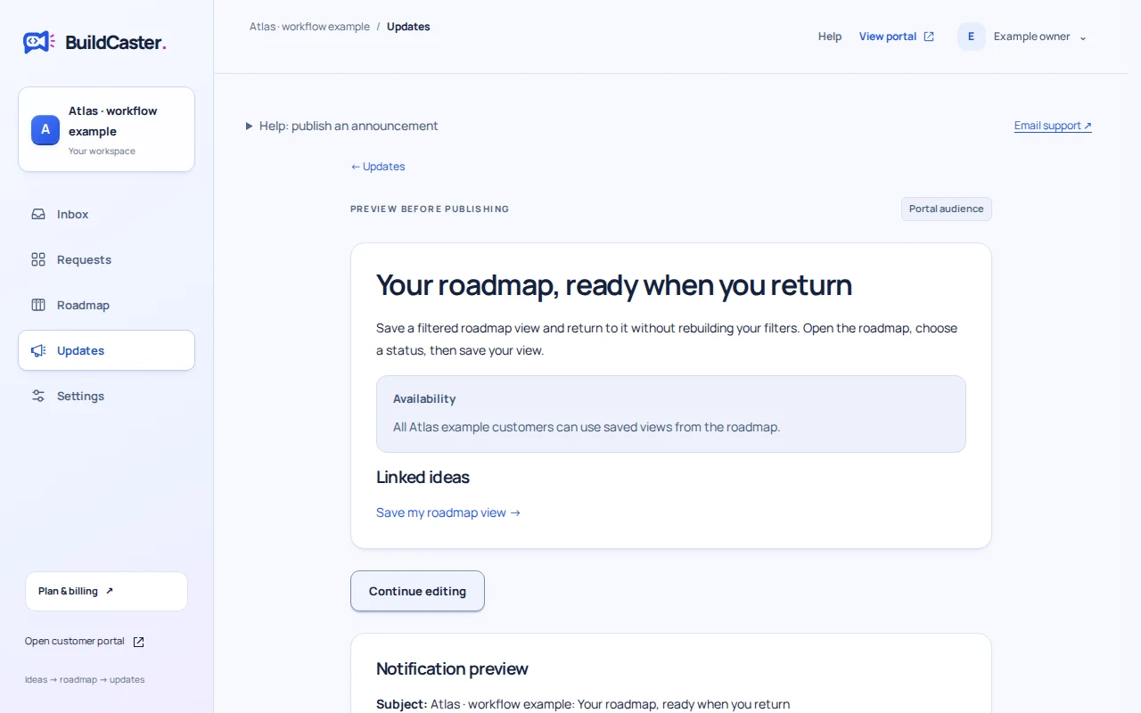 BuildCaster release preview with a saved draft, a linked shipped idea and notification controls.